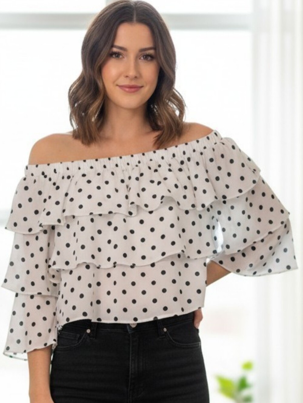 Jealous Tomato White and Black Polka Dot Off Shoulder Ruffle Crop Top Size Med